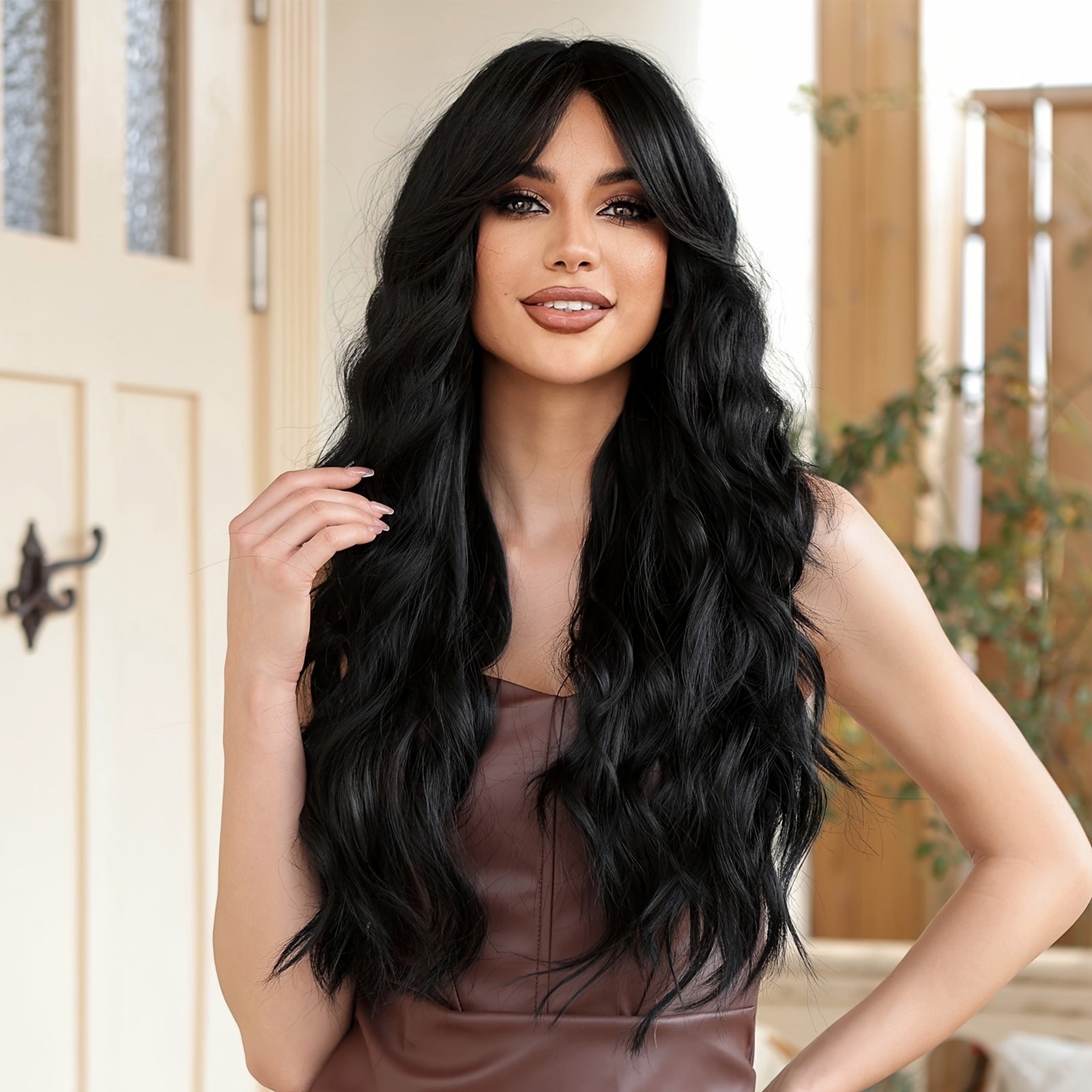 28 Inch Long Curly Wavy Hair Cut Wig Mid Cut Bangs Synthetic Fiber Hair For Women Perfect For Any Occasion